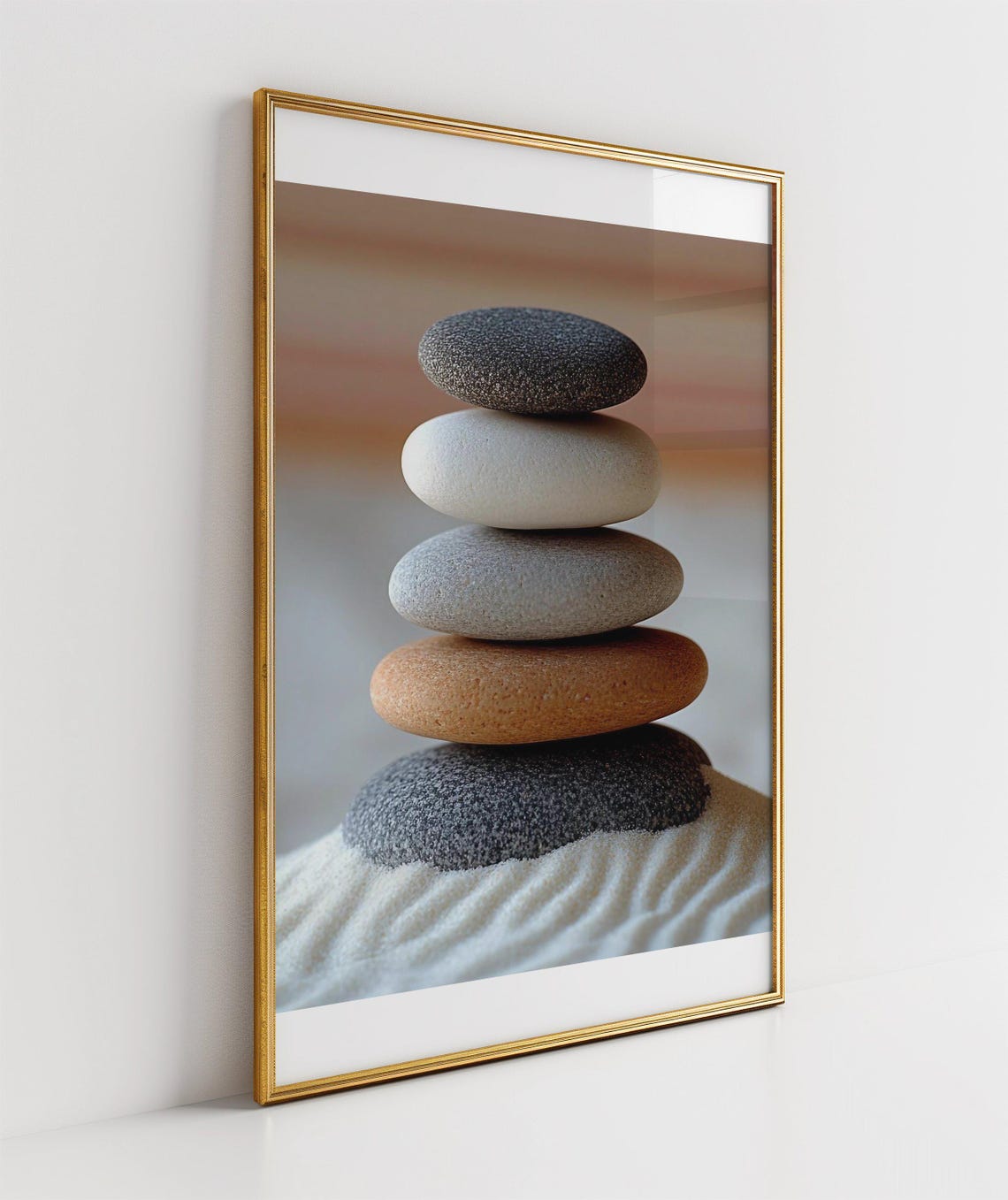 Earthy Five Stone Zen Stack Balanced on Rippled Sand Art Poster - Image 3