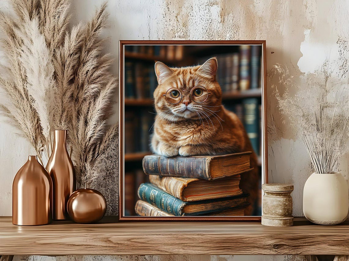 Scholarly Ginger Cat With Round Glasses Resting on Old Books Poster - Image 5