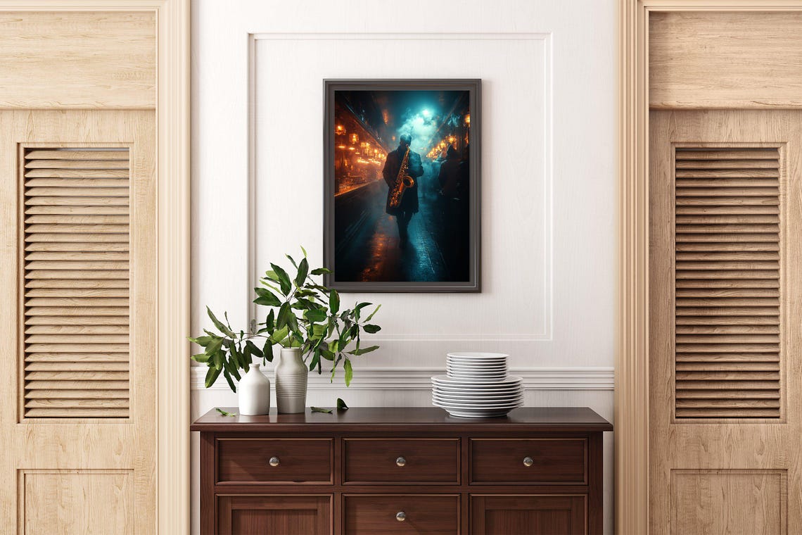 Smoky Jazz Bar Saxophonist Walking In Moody Blue Light Poster - Image 2