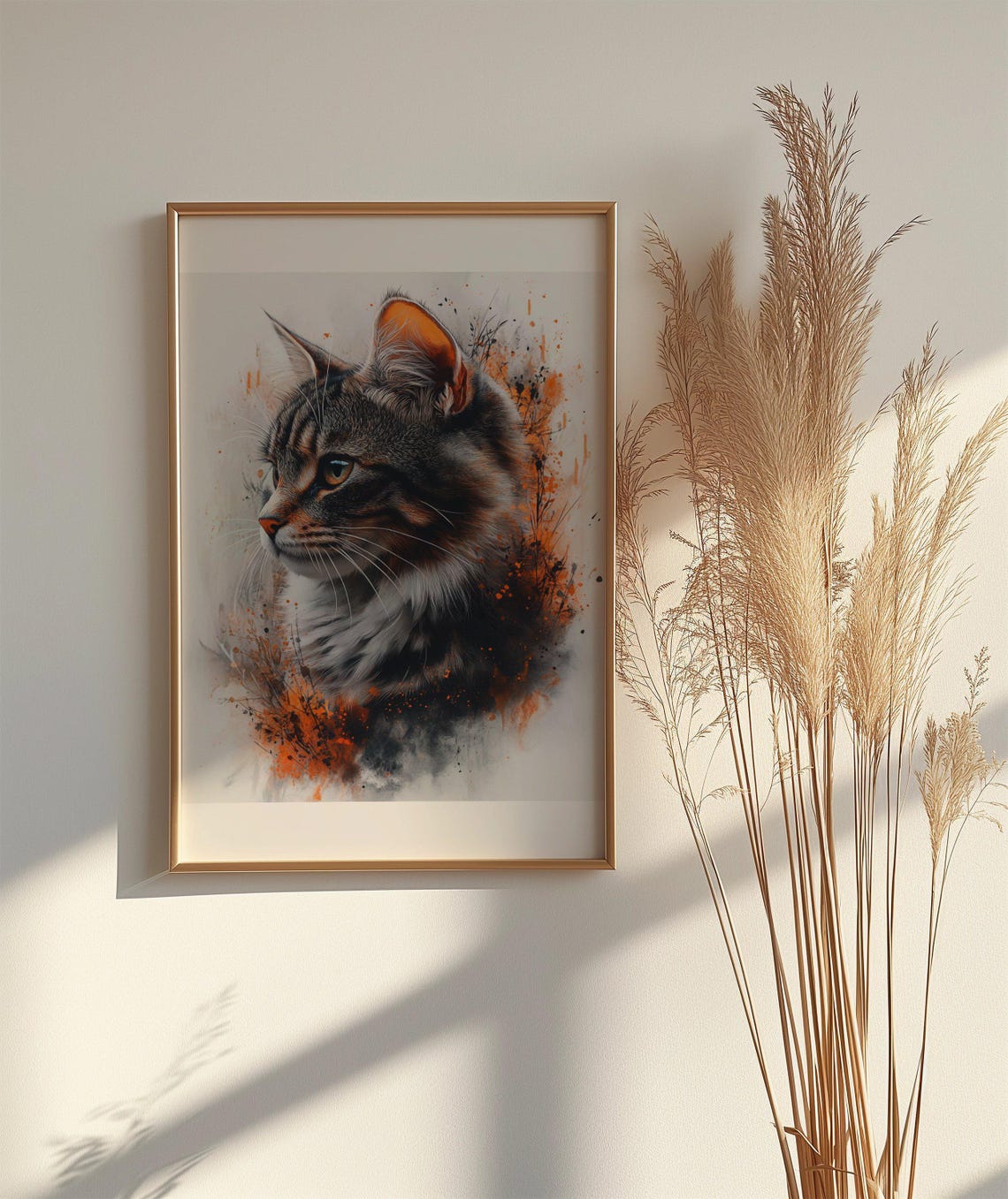 Watercolor Tabby Cat Portrait With Fiery Orange Paint Splashes Poster - Image 2