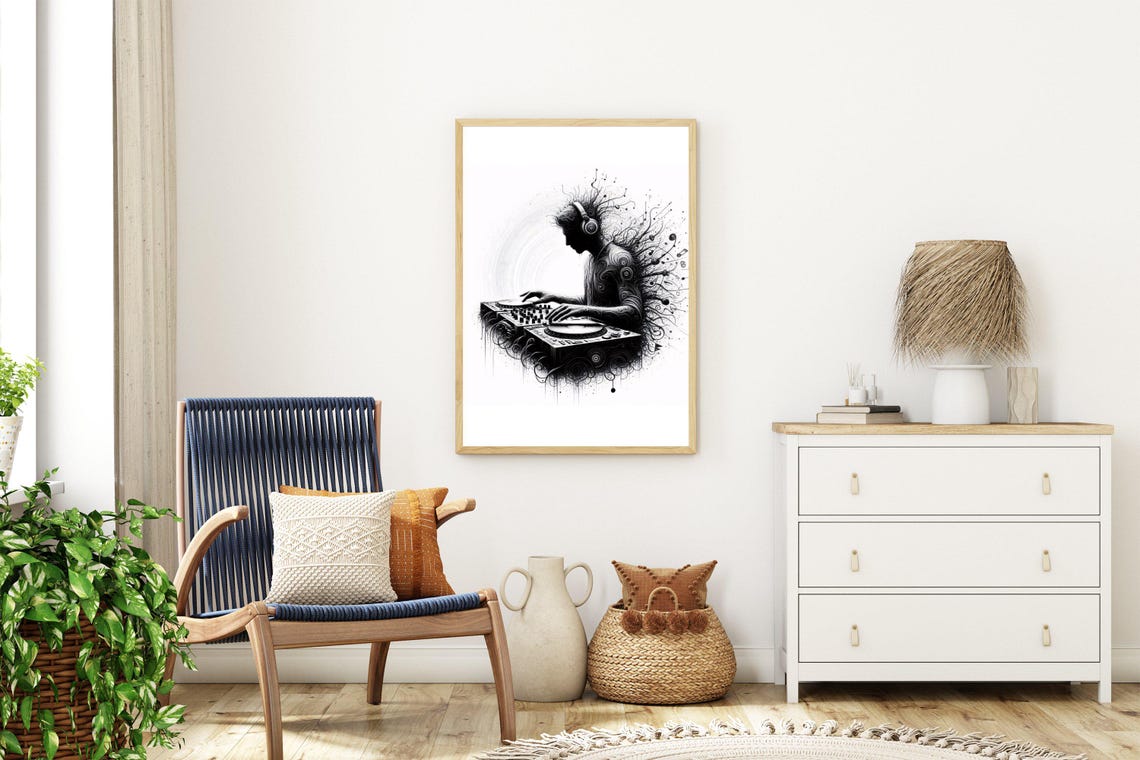 Monochrome DJ Silhouette at Turntables With Headphones Poster - Image 3