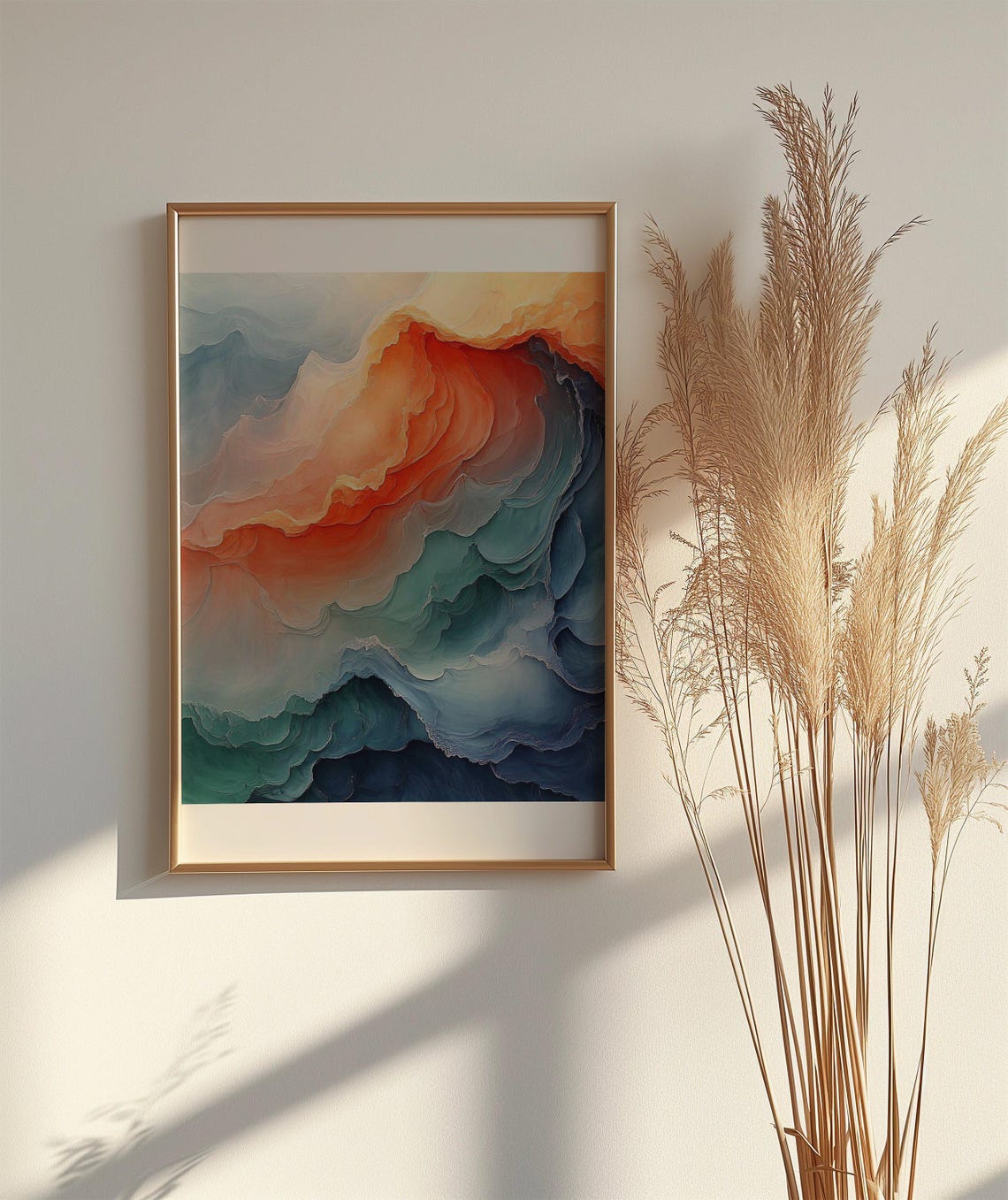 Layered Teal and Burnt Orange Ocean Waves Abstract Art Poster - Image 2