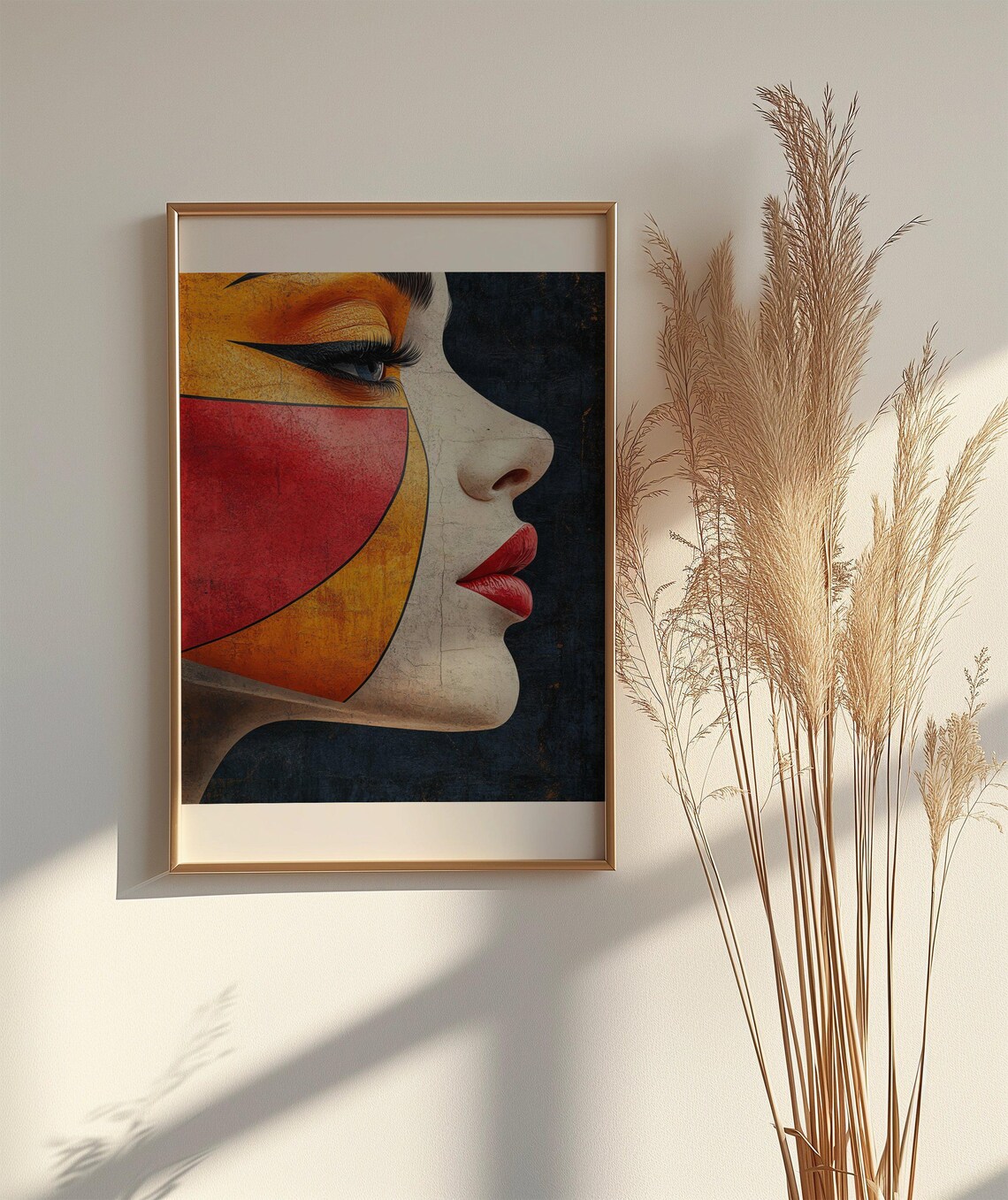 Cubist Woman Profile Poster With Red Gold and Black Geometry - Image 2