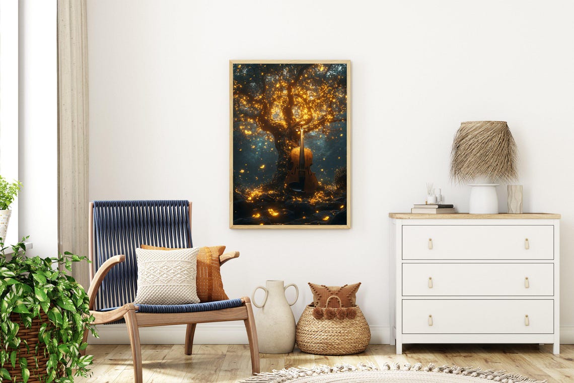 Enchanted Forest Violin Art Musical Instrument Nature Scene Wall Art Print Or Stretched Mystic Golden Tree Dcor New Home Gift - Image 3