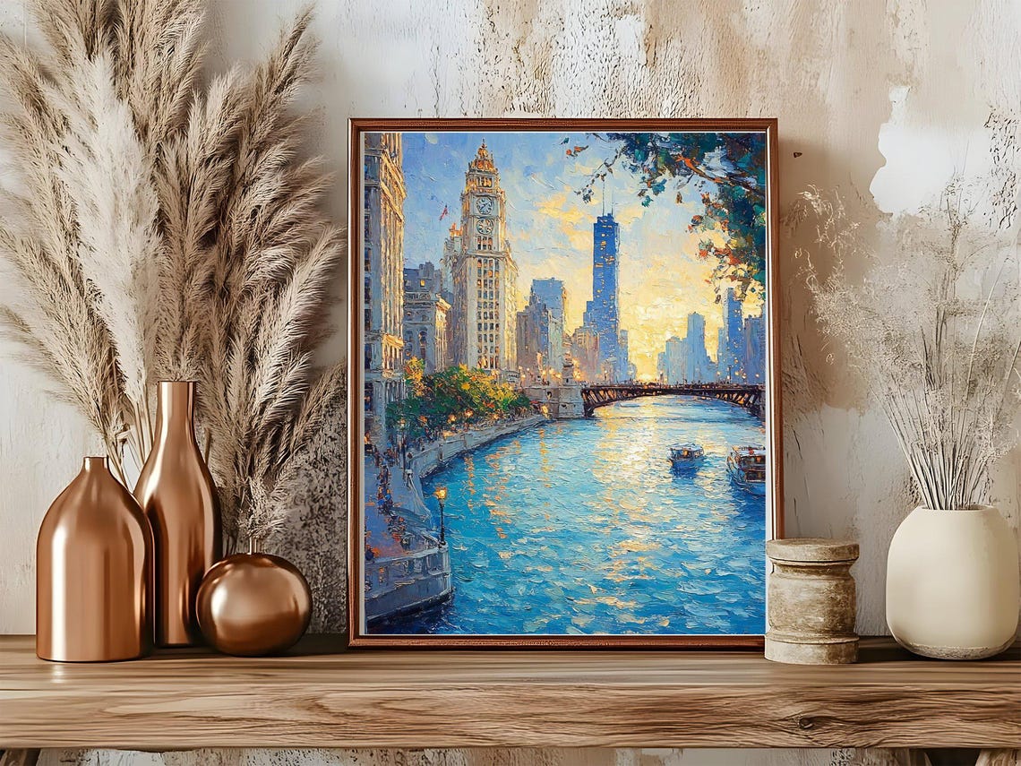 Chicago River Skyline at Sunset Impressionist Oil Painting Poster - Image 5