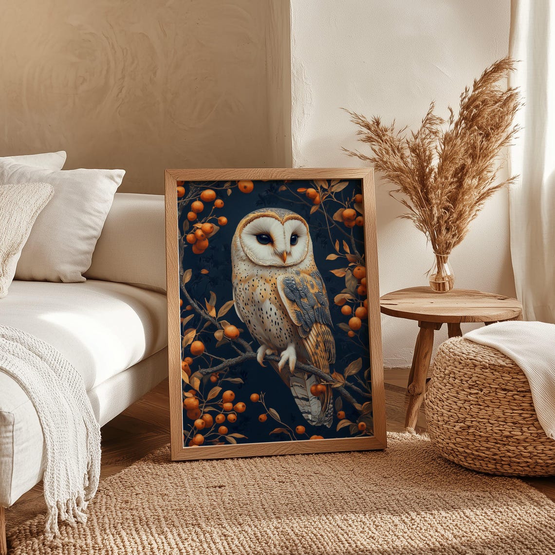 Barn Owl Perched Among Orange Berries on Midnight Blue Poster - Image 4