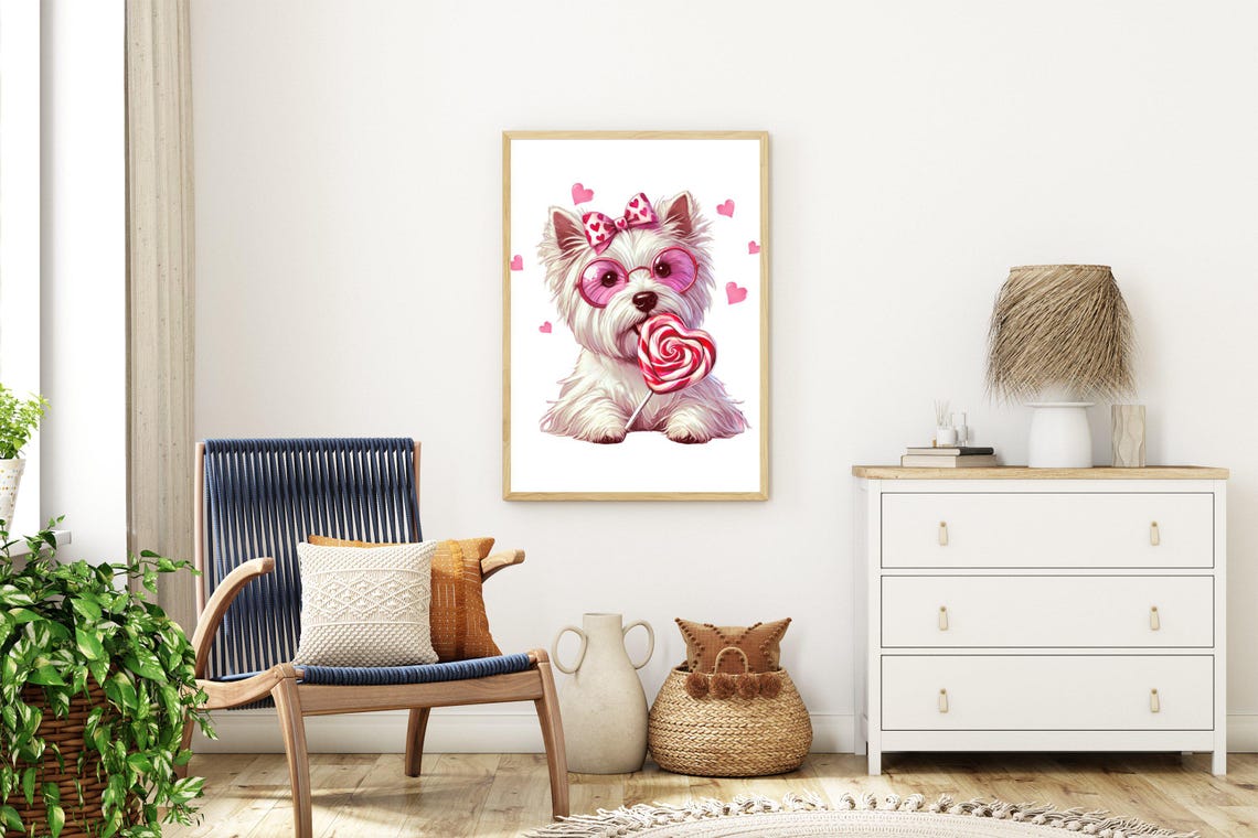 Cute White Fluffy Dog With Pink Sunglasses And Heart Lollipop Wall Art - Image 3