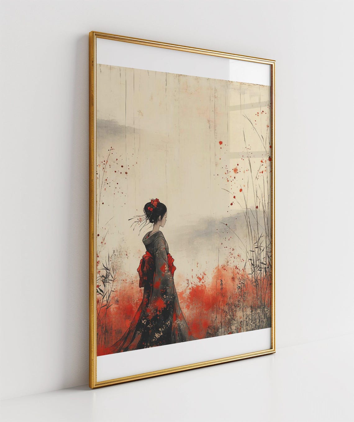 Geisha Seen from Behind in Dark Kimono Ink Watercolor Art Poster - Image 3
