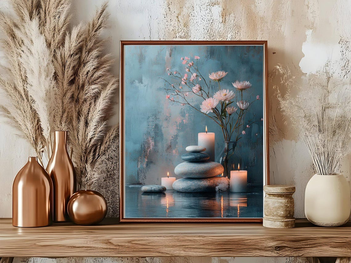 Tranquil Zen Garden Poster With Candles Stones and Pink Blossoms - Image 5