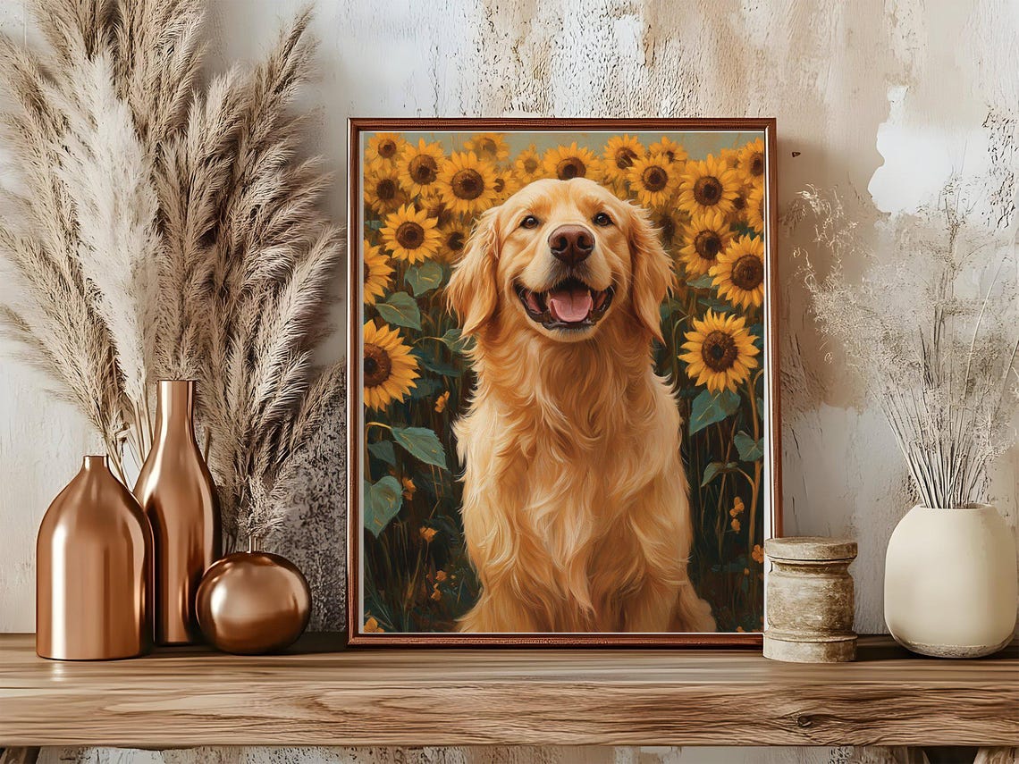 Joyful Golden Retriever Smiling in Sunflower Field Art Poster - Image 5