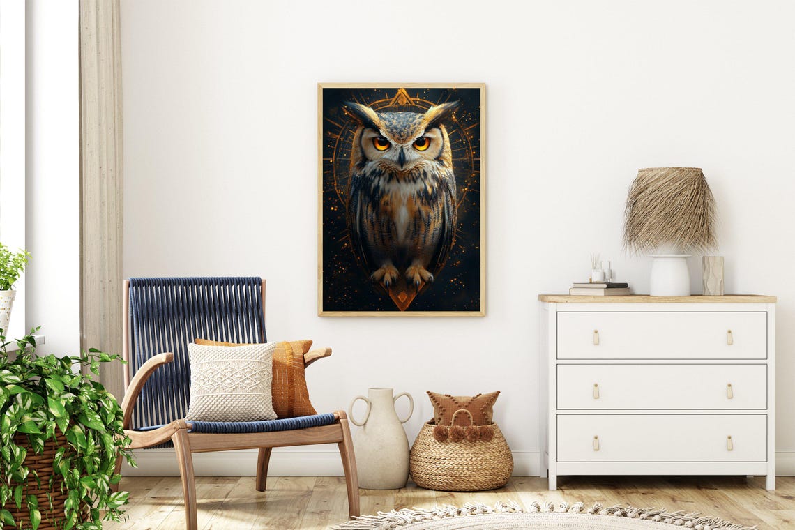 Great Horned Owl With Piercing Orange Eyes and Golden Halo Poster - Image 3