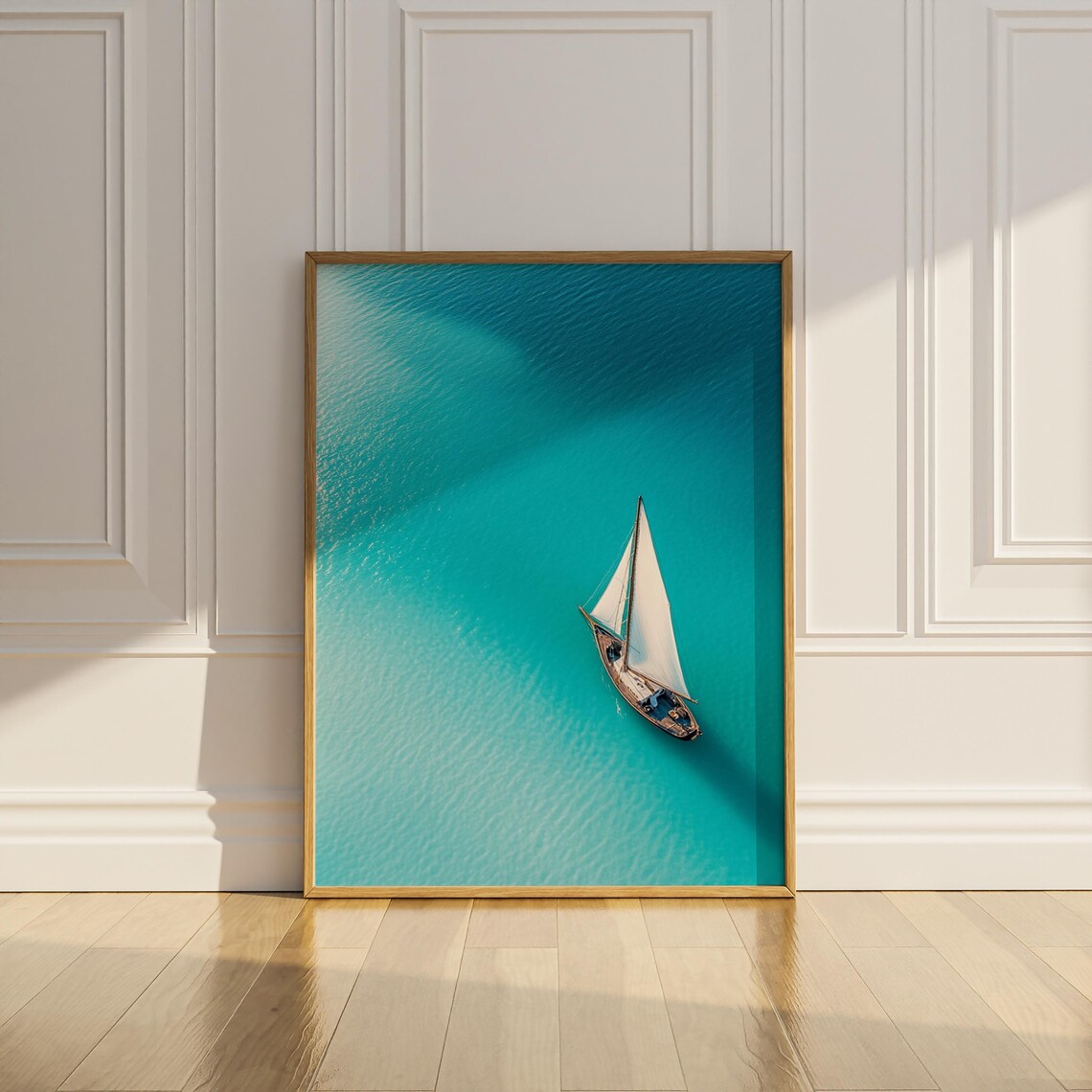 Aerial Sailboat on Turquoise Water Coastal Minimalist Photography Poster - Image 2