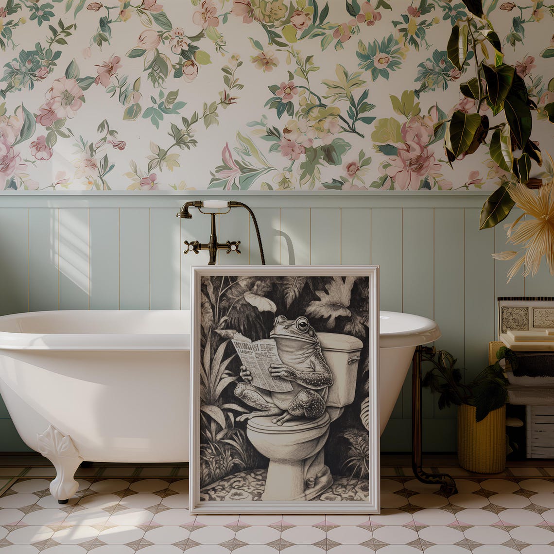 Antique Style Toad Reading Newspaper on Toilet Etching Art Poster - Image 3