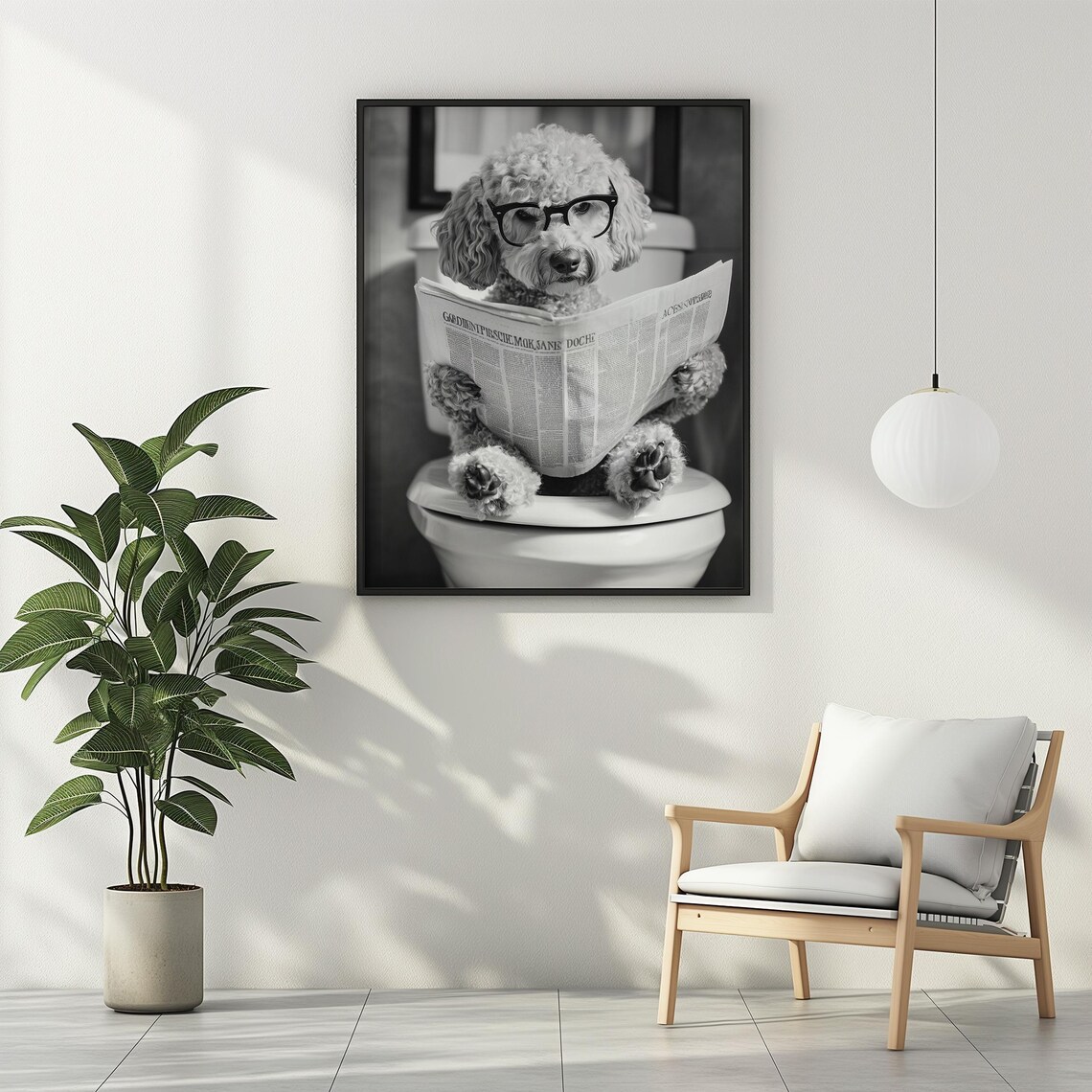 Cute Poodle in Glasses on Toilet Reading Newspaper Photo Style Poster - Image 3