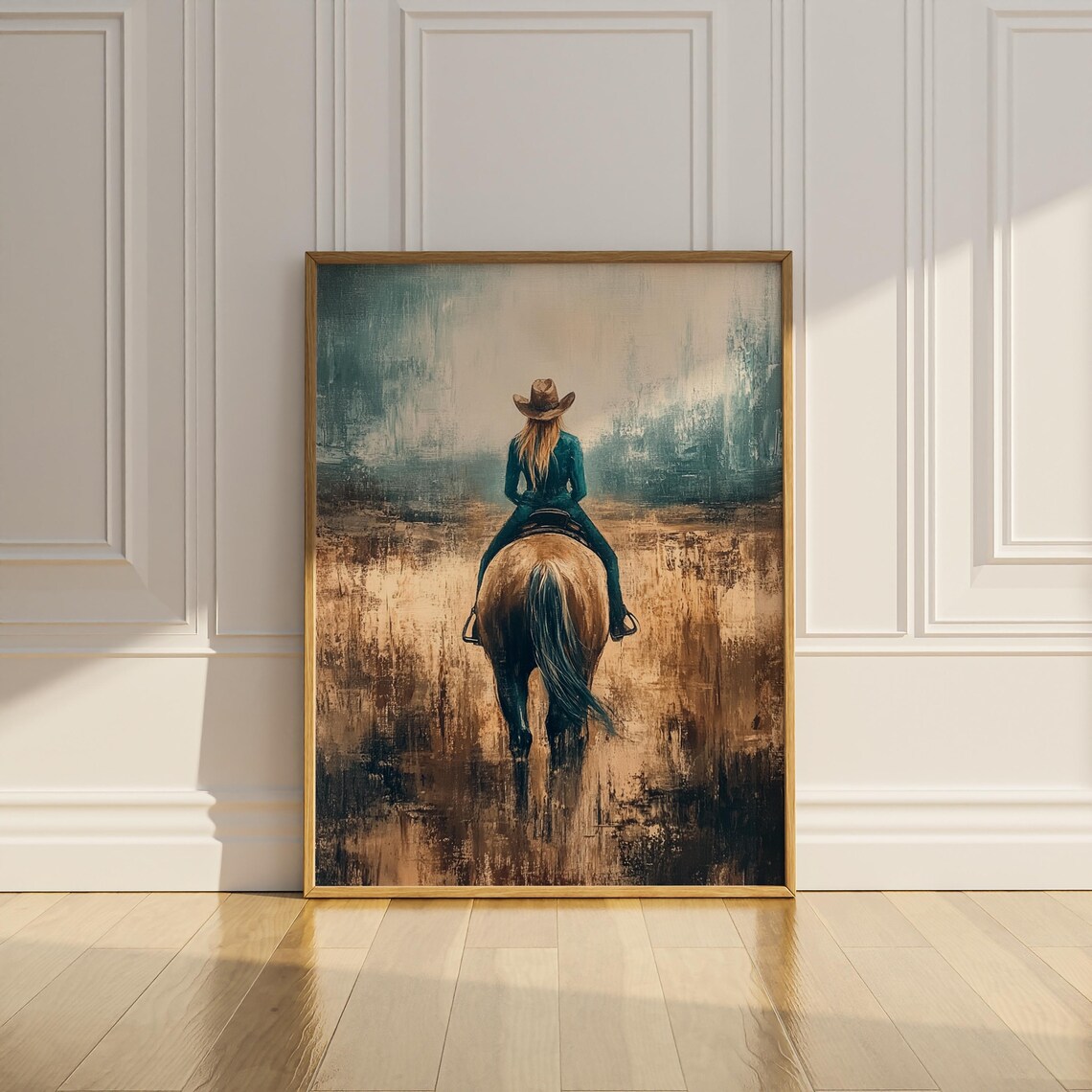 Cowgirl Riding Horse Through Dusty Plains Western Oil Painting Poster - Image 2