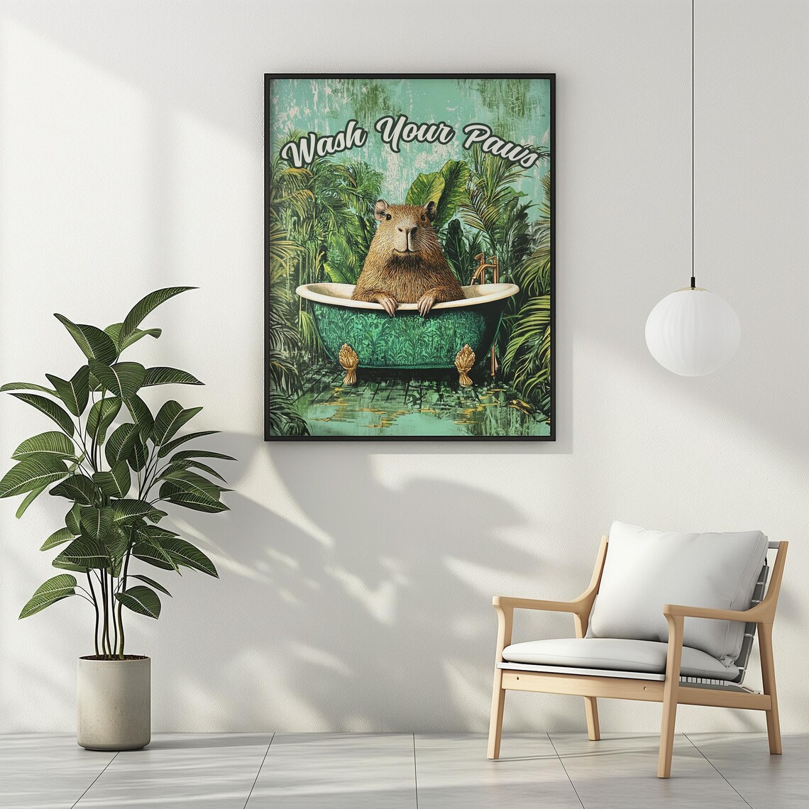 Wash Your Paws Capybara In Bathtub Funny Jungle Bathroom Wall Art - Image 2