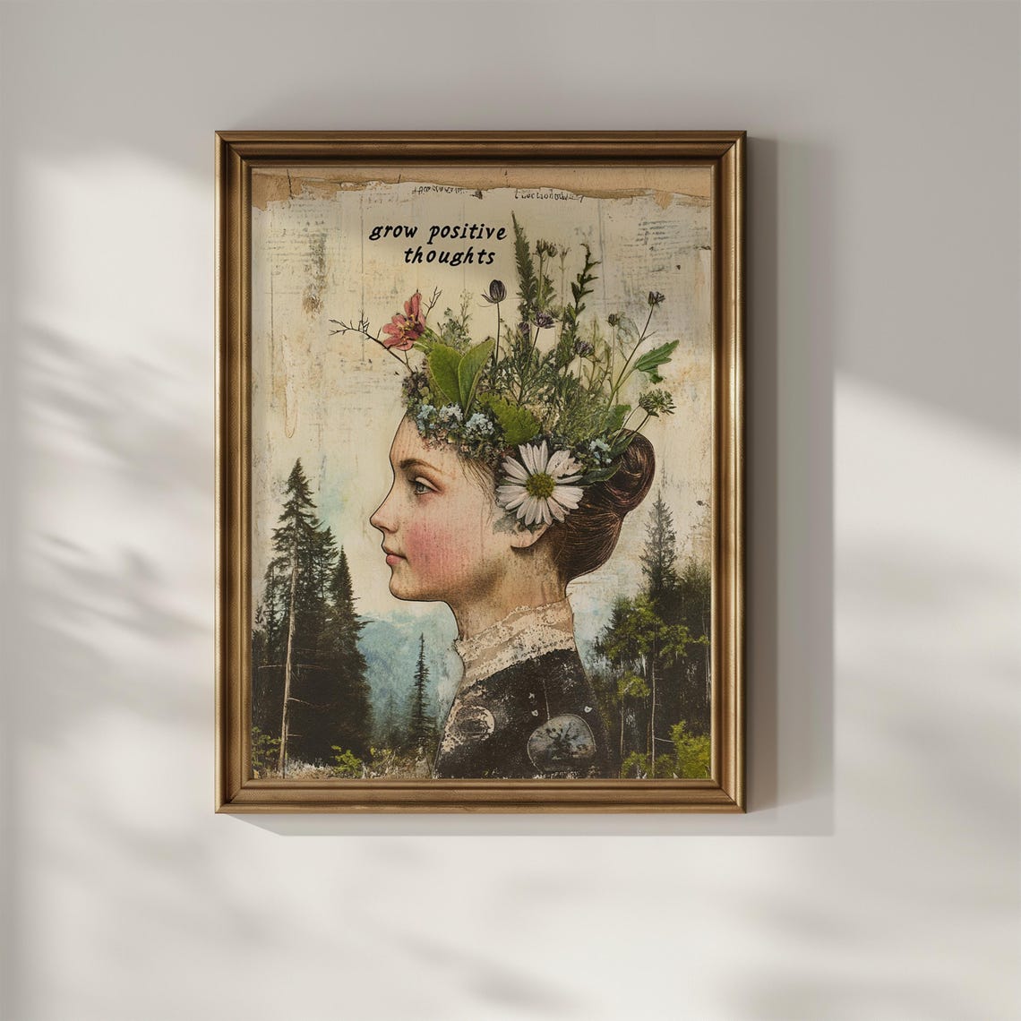 Grow Positive Thoughts Floral Woman Vintage Collage Art Poster - Image 2