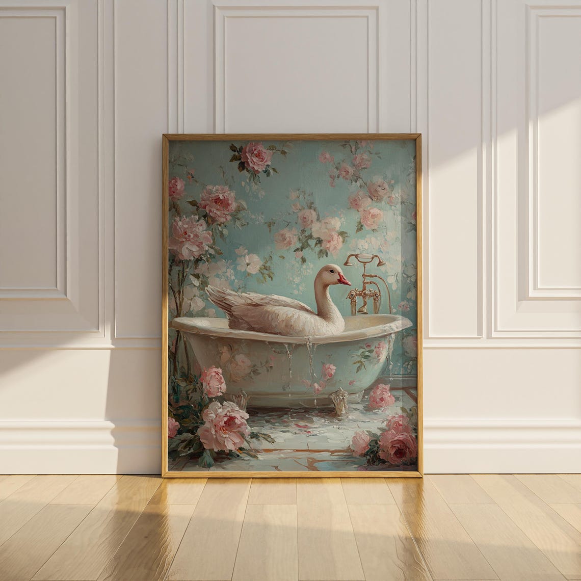 White Goose in a Floral Bathtub with Pink Roses Funny Art Poster - Image 3