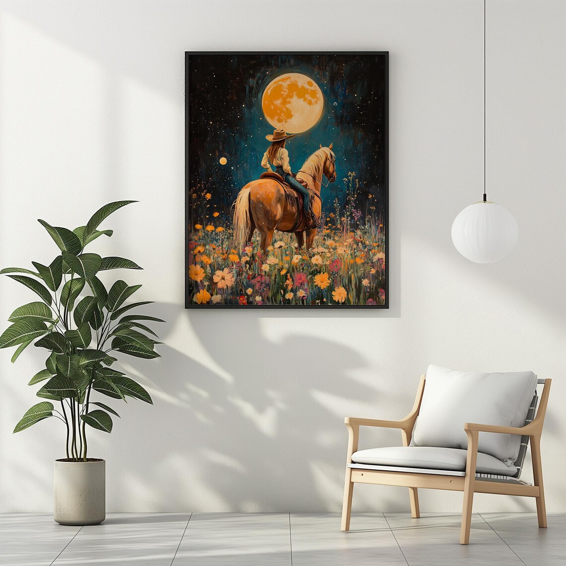 Cowgirl Riding Horse in Wildflowers, Boho Western Art Print - Image 3