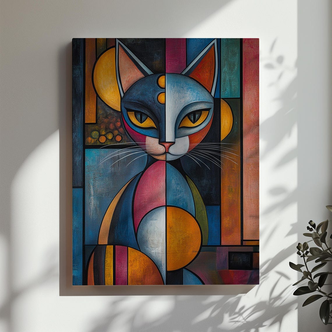 Colorful Cubist Cat Portrait With Split Blue Face Geometric Poster - Image 3