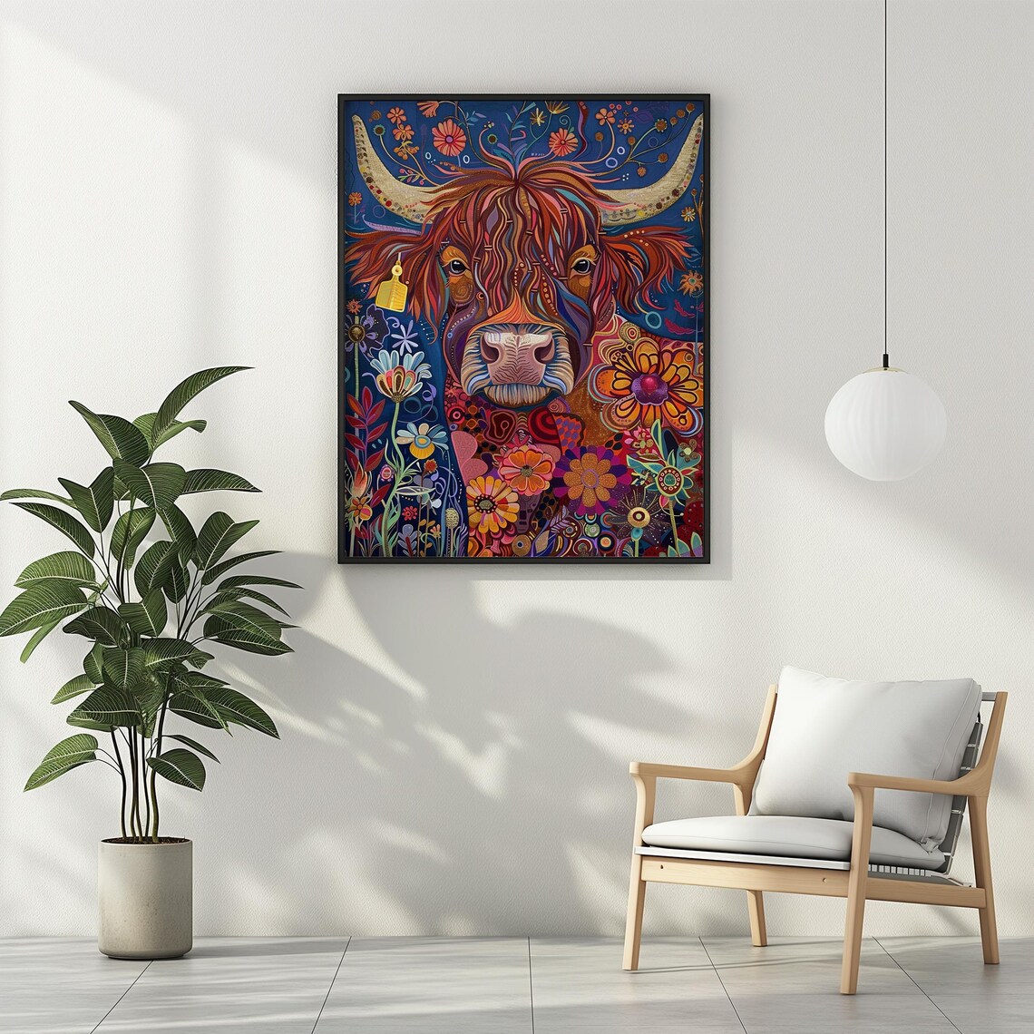 Vibrant Folk Art Highland Cow Portrait on Deep Blue Floral Poster - Image 3