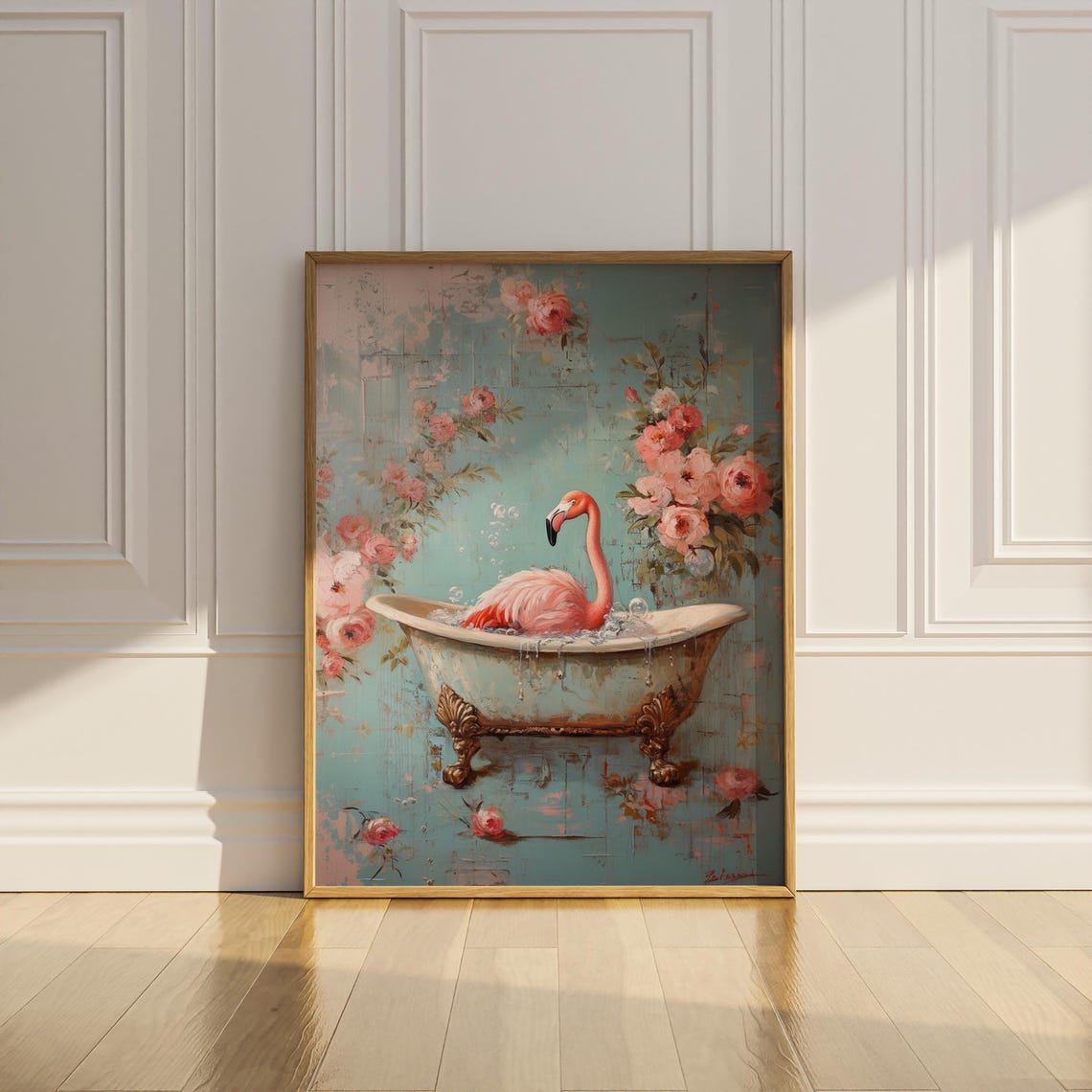 Pink Flamingo In Vintage Bubble Bath Floral Romantic Bathroom Poster - Image 3