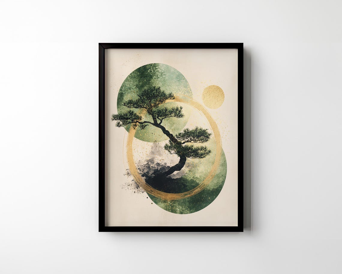 Japanese Bonsai Pine Tree Gold Sun Abstract Watercolor Circles Poster - Image 3