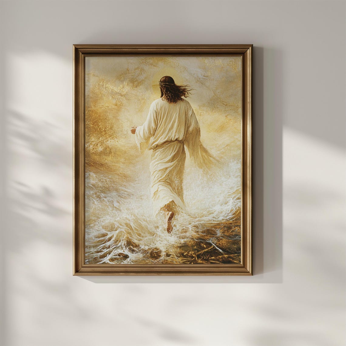 Jesus Striding through Golden Ocean Waves with Glowing Halo Art Poster - Image 3
