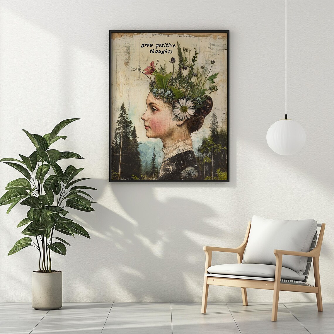 Grow Positive Thoughts Vintage Floral Woman Forest Collage Poster - Image 2