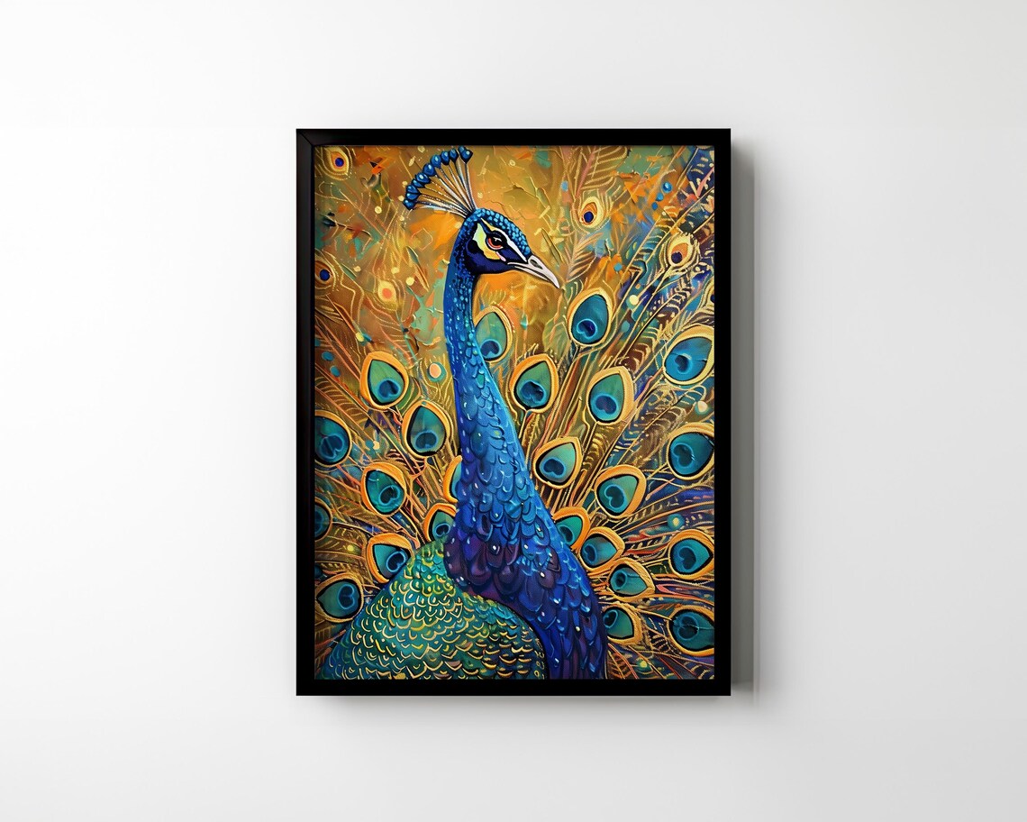 Majestic Peacock With Fanned Tail Blue Gold Impasto Art Poster - Image 2