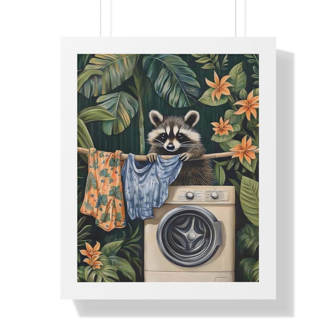 Raccoon Doing Laundry Behind Washer in Lush Jungle Scene Poster - Image 2