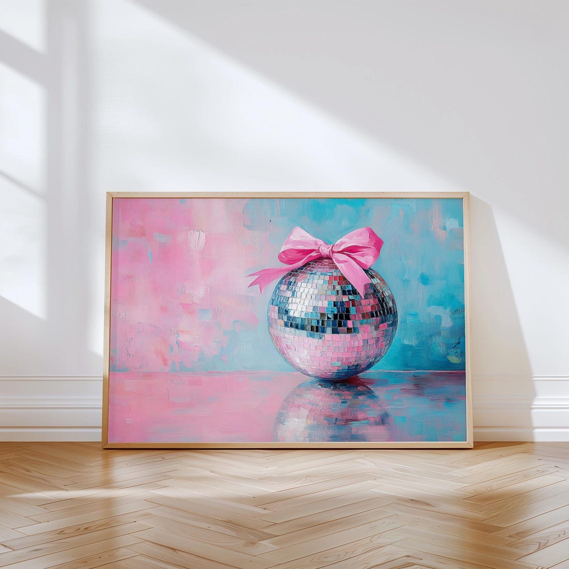 Disco Ball Pink Bow Retro Pink Blue Oil Painting Mirrorball Art Print
