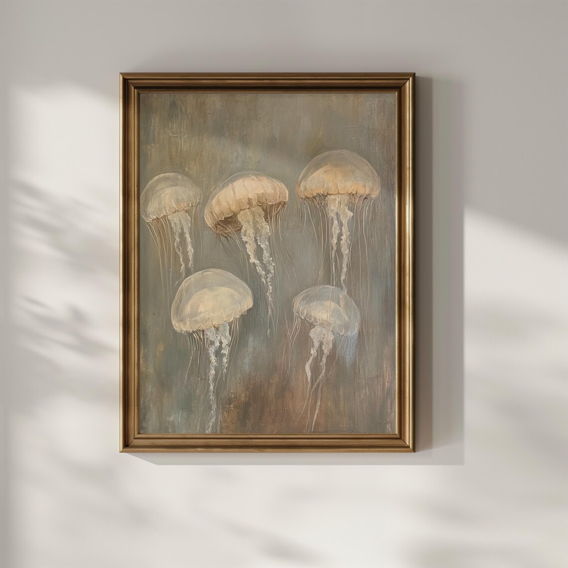 Moody Vintage Jellyfish Group Muted Neutral Ocean Oil Painting Poster - Image 3