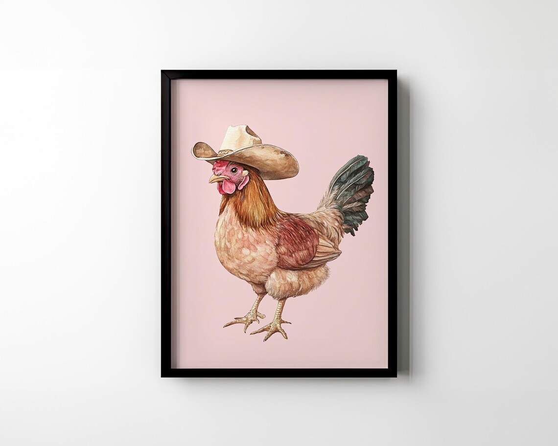 Chicken Wearing Cowboy Hat Watercolor Funny Farmhouse Pink Poster - Image 3