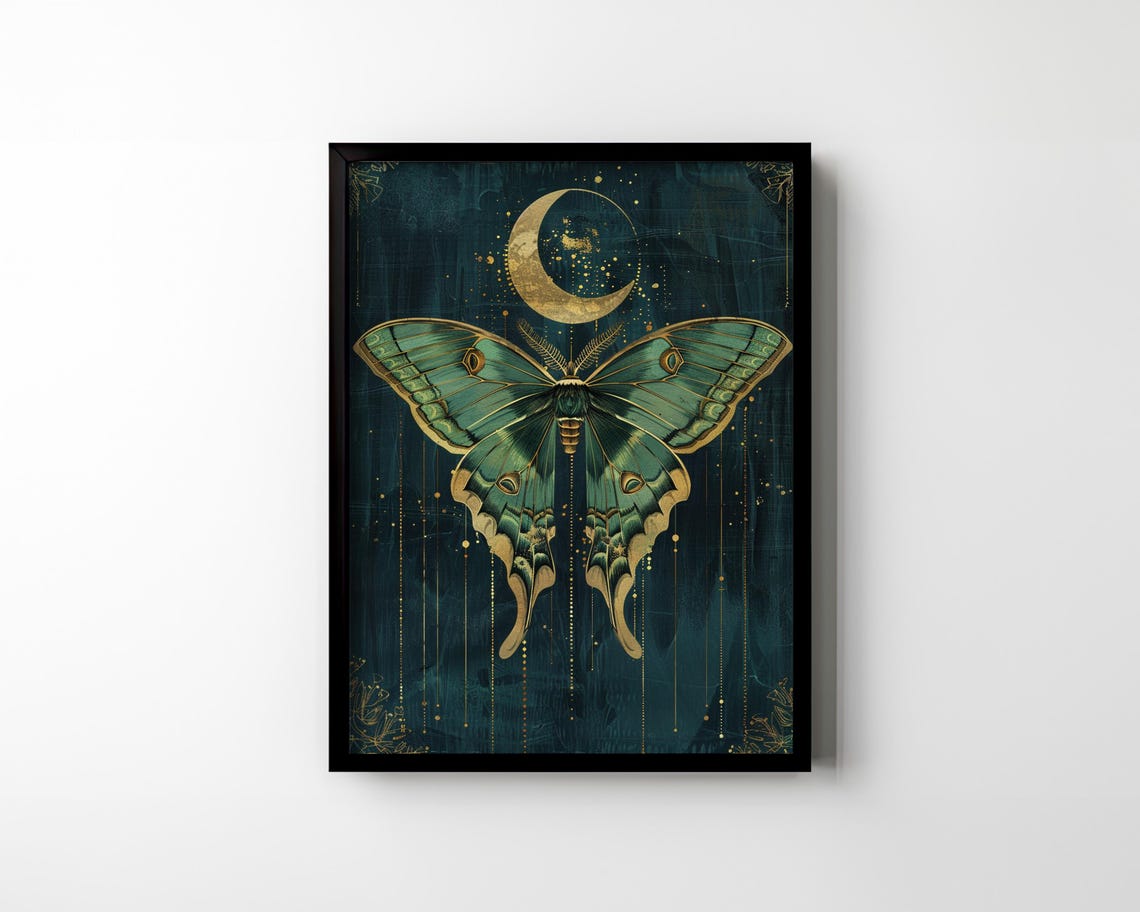 Luna Moth Beneath Crescent Moon Dark Teal Gold Art Deco Wall Art - Image 2