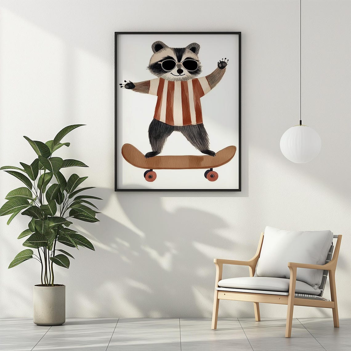 Raccoon Skateboard Wall Art Funny Cute Kids Room Skater Raccoon Playful Nursery Wall Decor Watercolor Painting Animal - Image 2