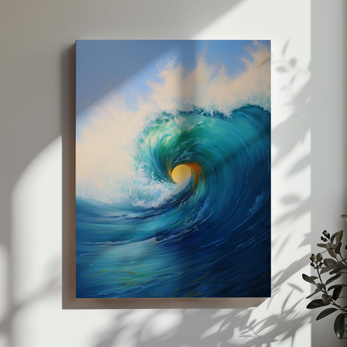 Ocean Wave Curl with Sun Glowing Through Blue Barrel Surf Poster