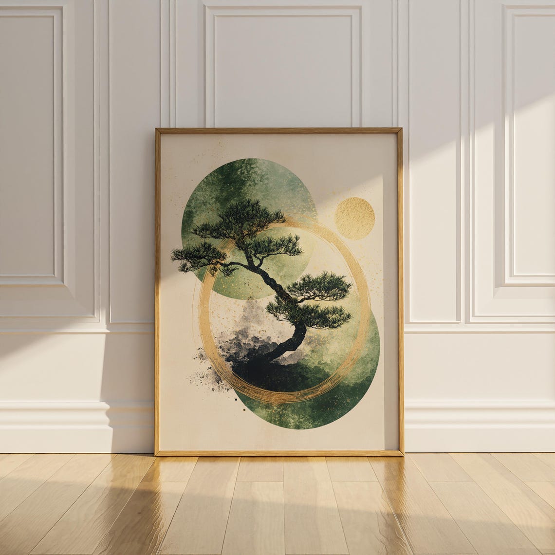 Japanese Bonsai Pine Tree Gold Sun Abstract Watercolor Circles Poster - Image 2