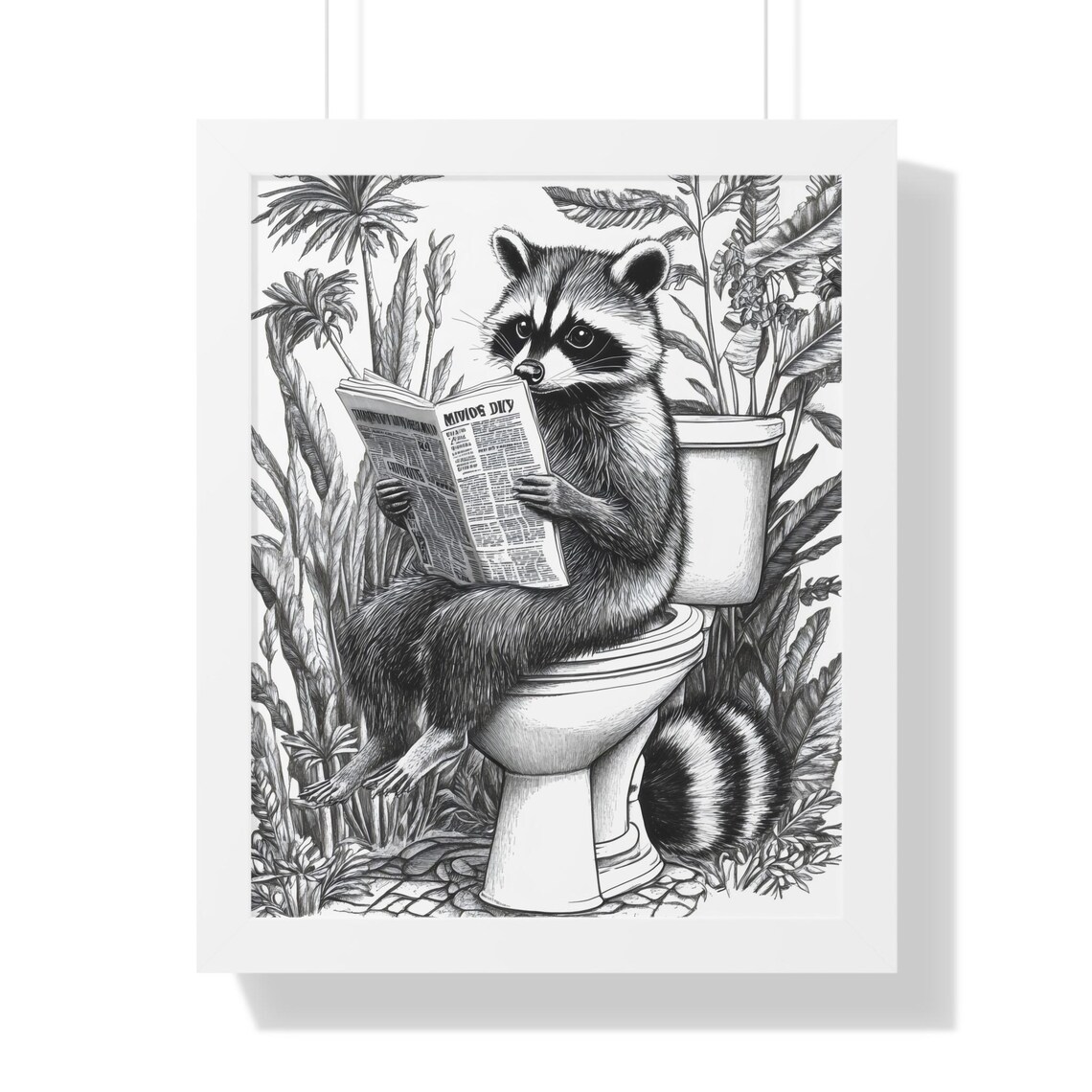 Raccoon Reading Newspaper on Toilet Vintage Botanical Line Art Poster - Image 2