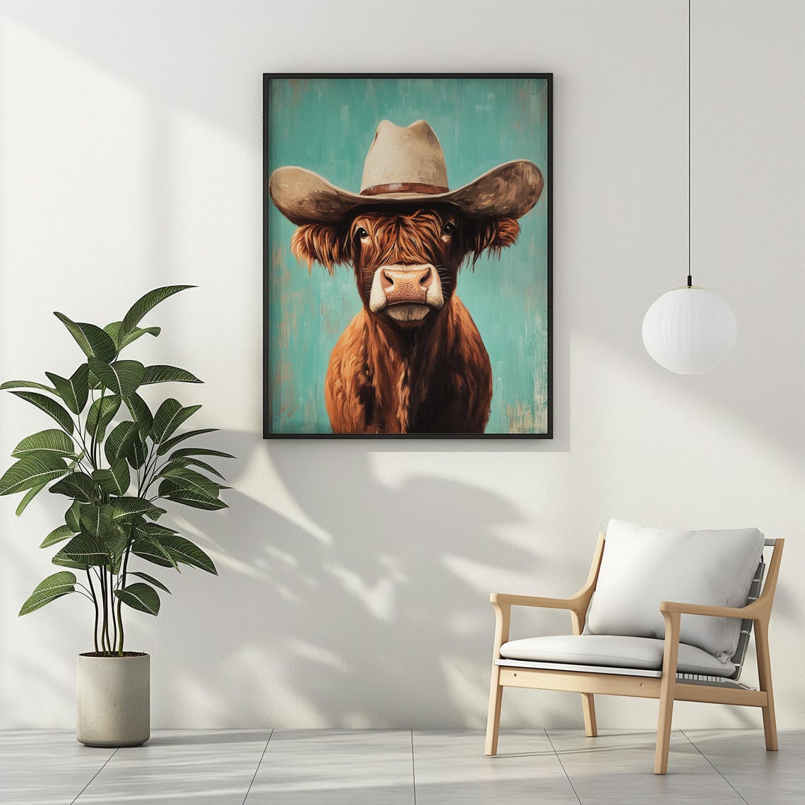 Highland Cow Wearing Cowboy Hat Funny Western Teal Farmhouse Poster - Image 2
