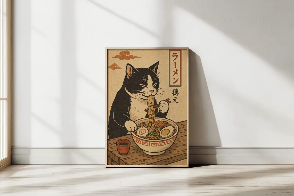 Tuxedo Cat Eating Ramen Bowl Chopsticks Japanese Retro Poster