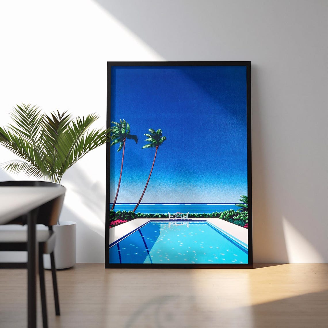 Retro Swimming Pool Palm Trees Ocean View Pop Art Illustration Poster