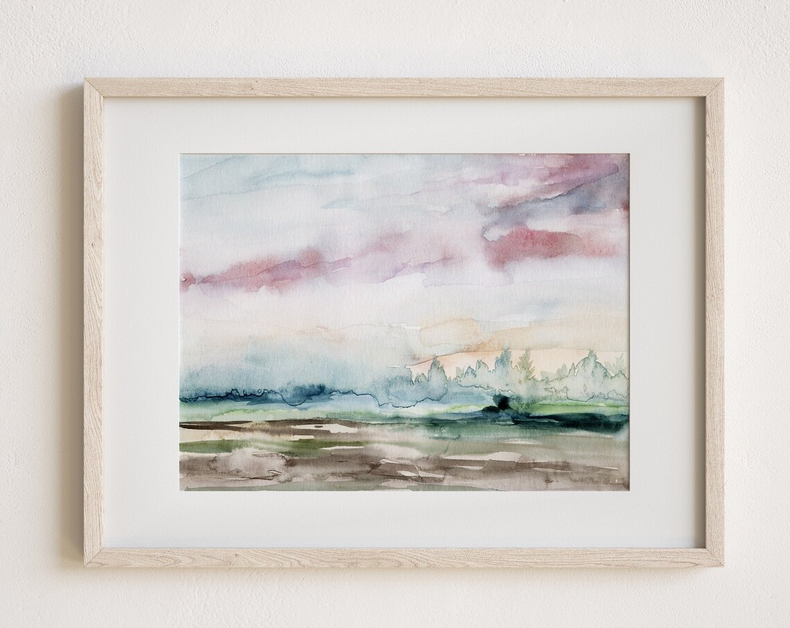 Dreamy Pastel Watercolor Landscape Pink Clouds Meadow Art Print