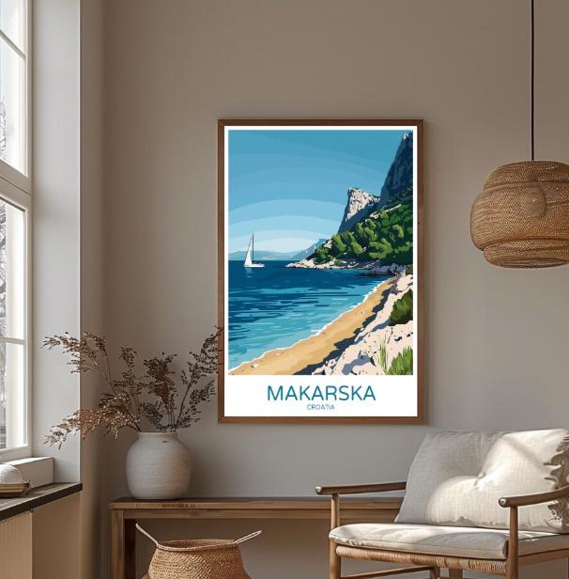 Makarska Croatia Beach Cove With Sailboat And Cliffs Travel Poster - Image 3