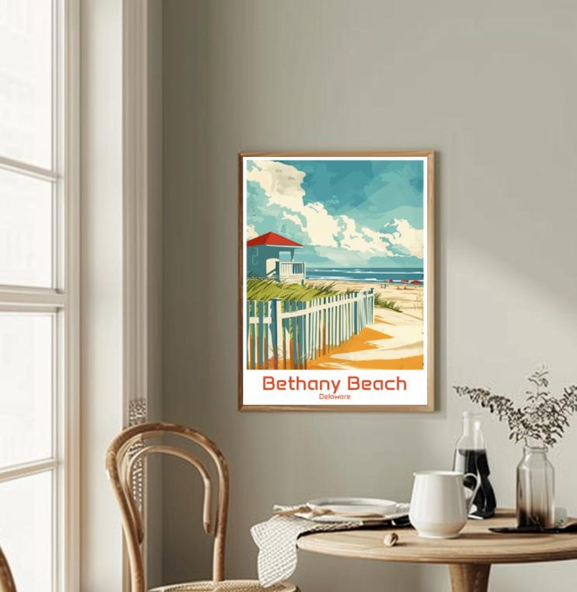 Bethany Beach Delaware Lifeguard Stand Fence Retro Travel Poster - Image 2