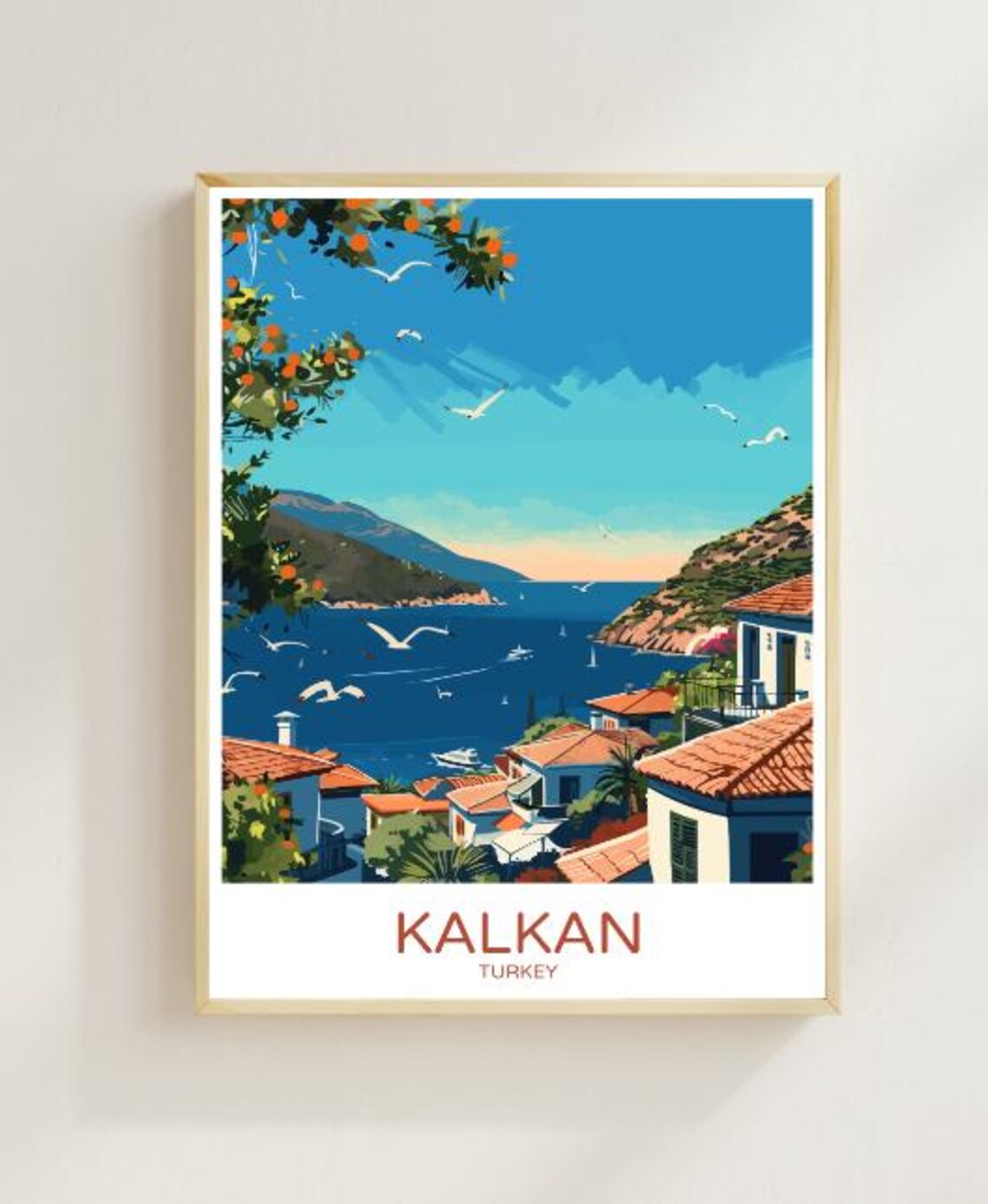 Kalkan Turkey Turquoise Coast Seagulls Harbor Retro Travel Poster