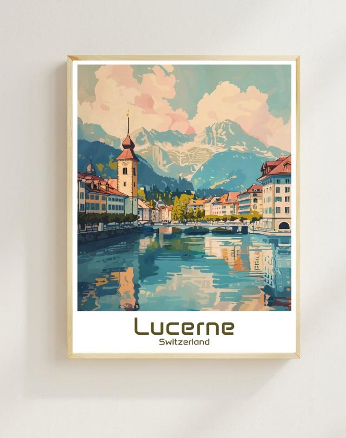 Lucerne Switzerland Lakeside Old Town And Alps View Travel Poster