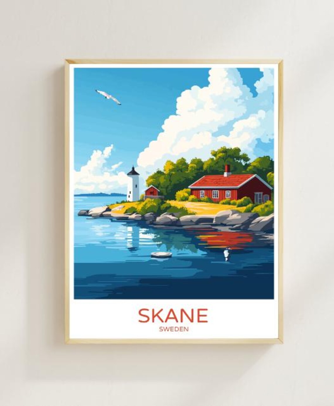 Skane Sweden Lighthouse With Red Cottage on Rocky Shores Poster