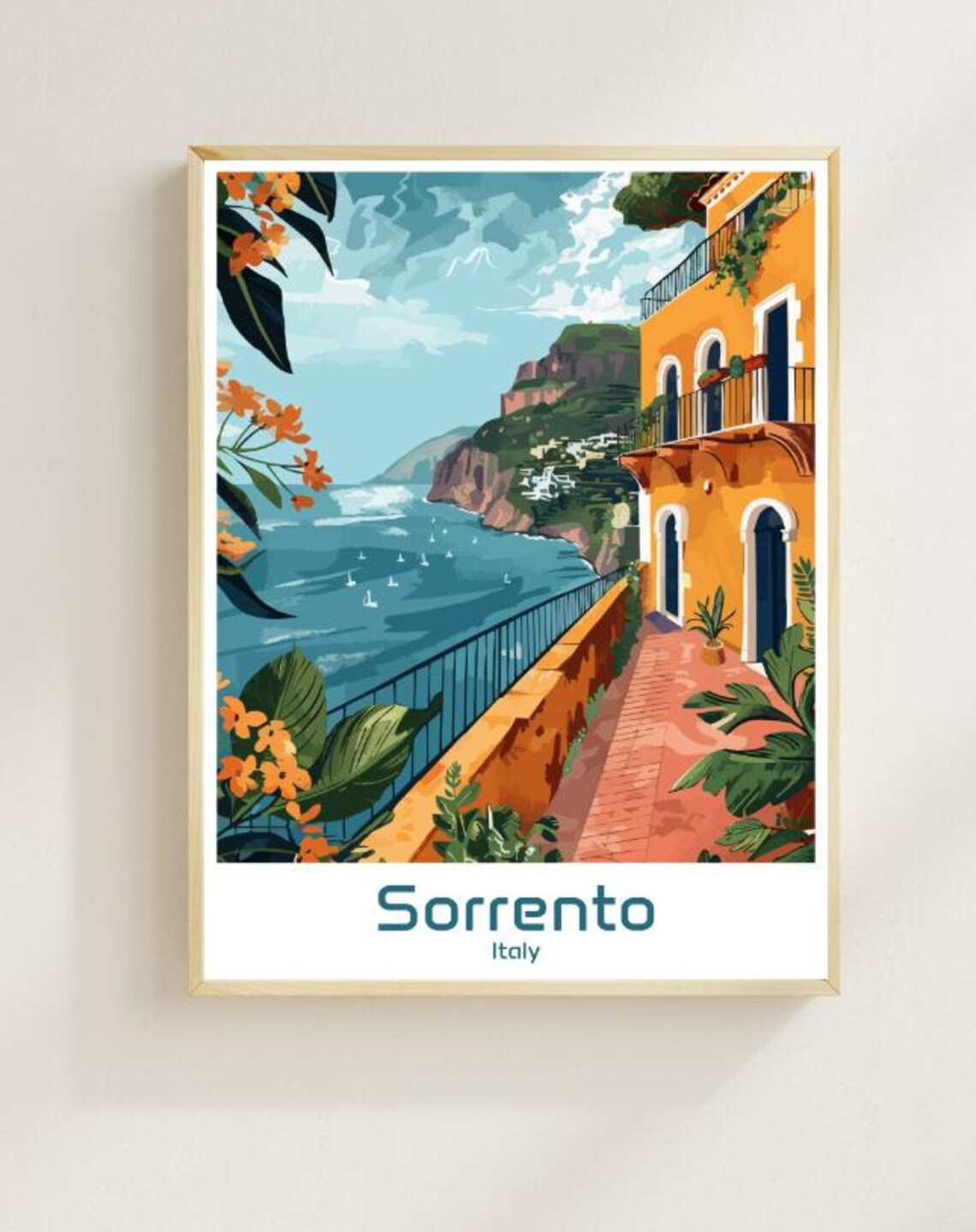Charming Sorrento Italy Cliffside Terrace Blossom Sea View Poster
