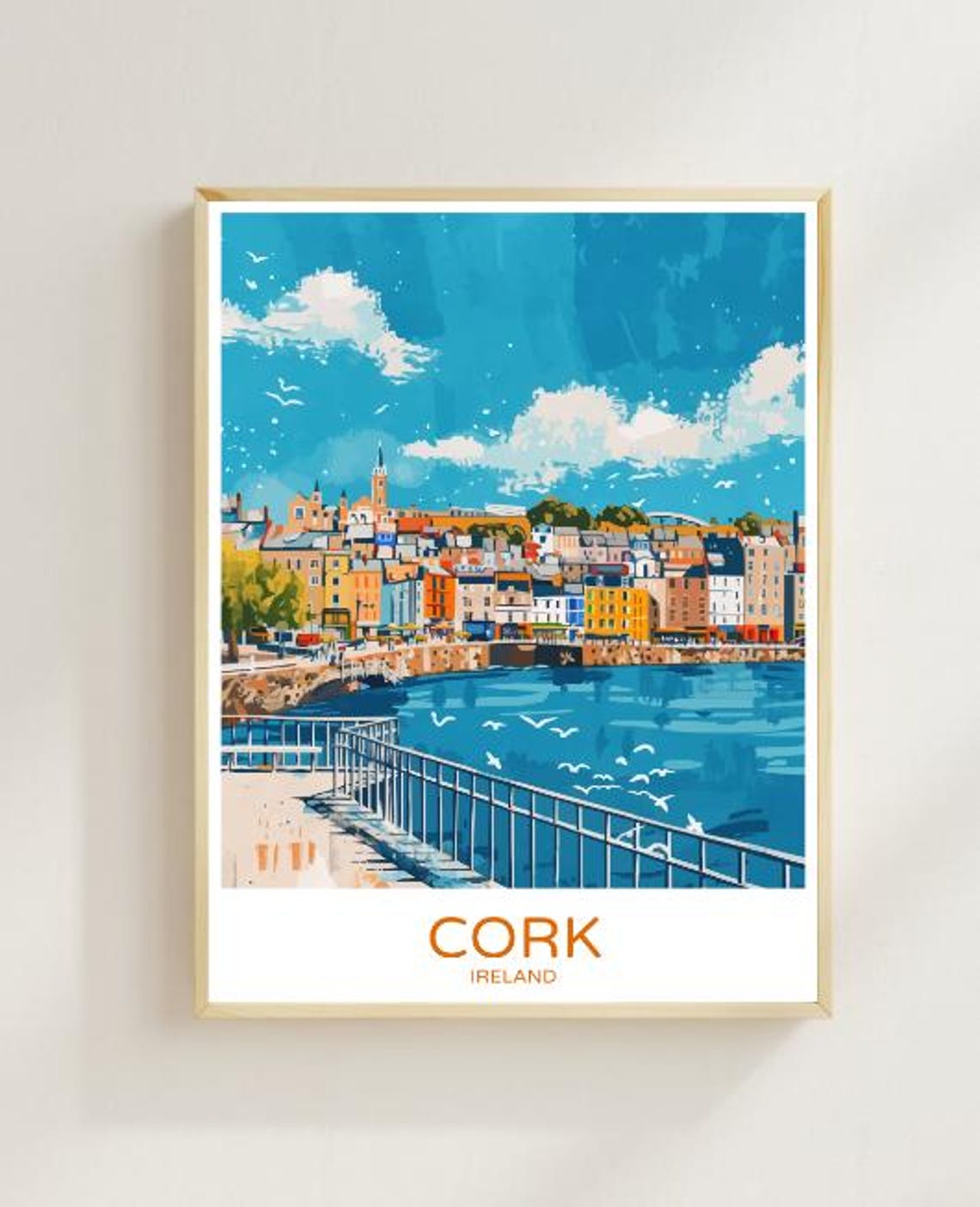 Cork Ireland Colourful Harbourfront Cityscape and Seagulls Poster